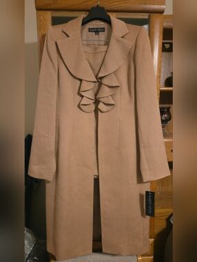 Albert Nipon Camel Ruffle-Front Trench Coat With Skirt